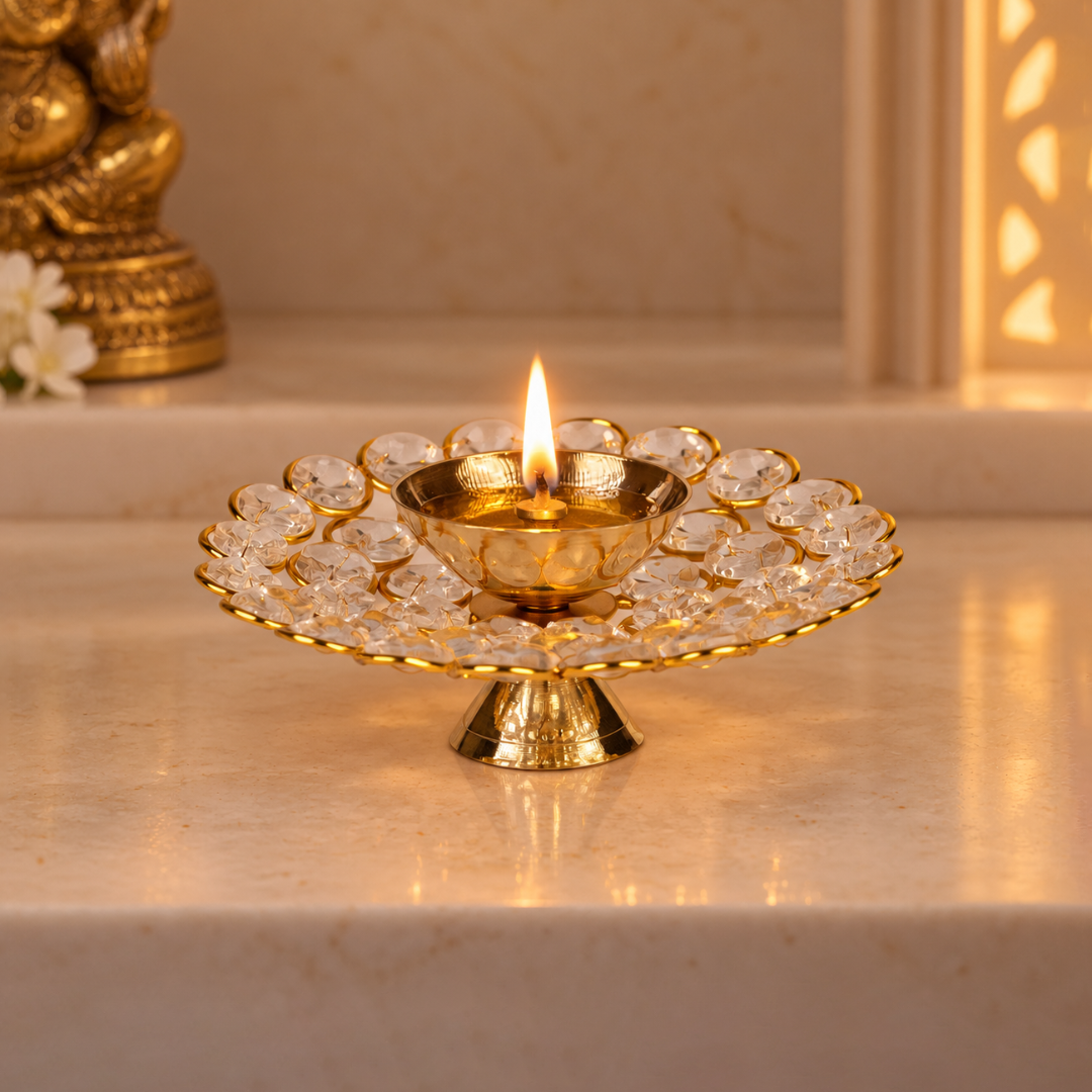 Brass Round Crystal Diya