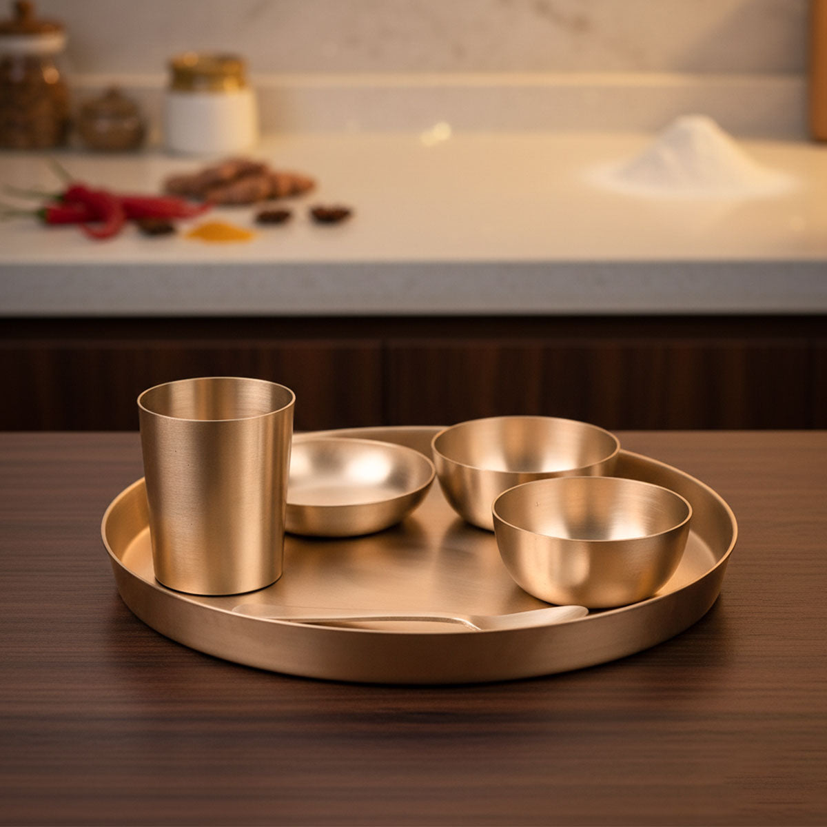 Kansa Thali Set | 6 Pieces Set | Mate 11 Inch Width 1 Thali, 2 Bowls, 1 Halwa bowl, 1 Glass, 1 Spoon | | Boost Immunity