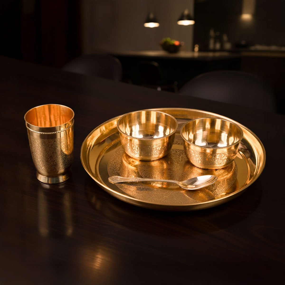 Brass Thaali Set | 5 Pieces Set | ( 1 Thaali, 2 Bowls, 1 Glass, 1 Spoon | Boost Immunity )