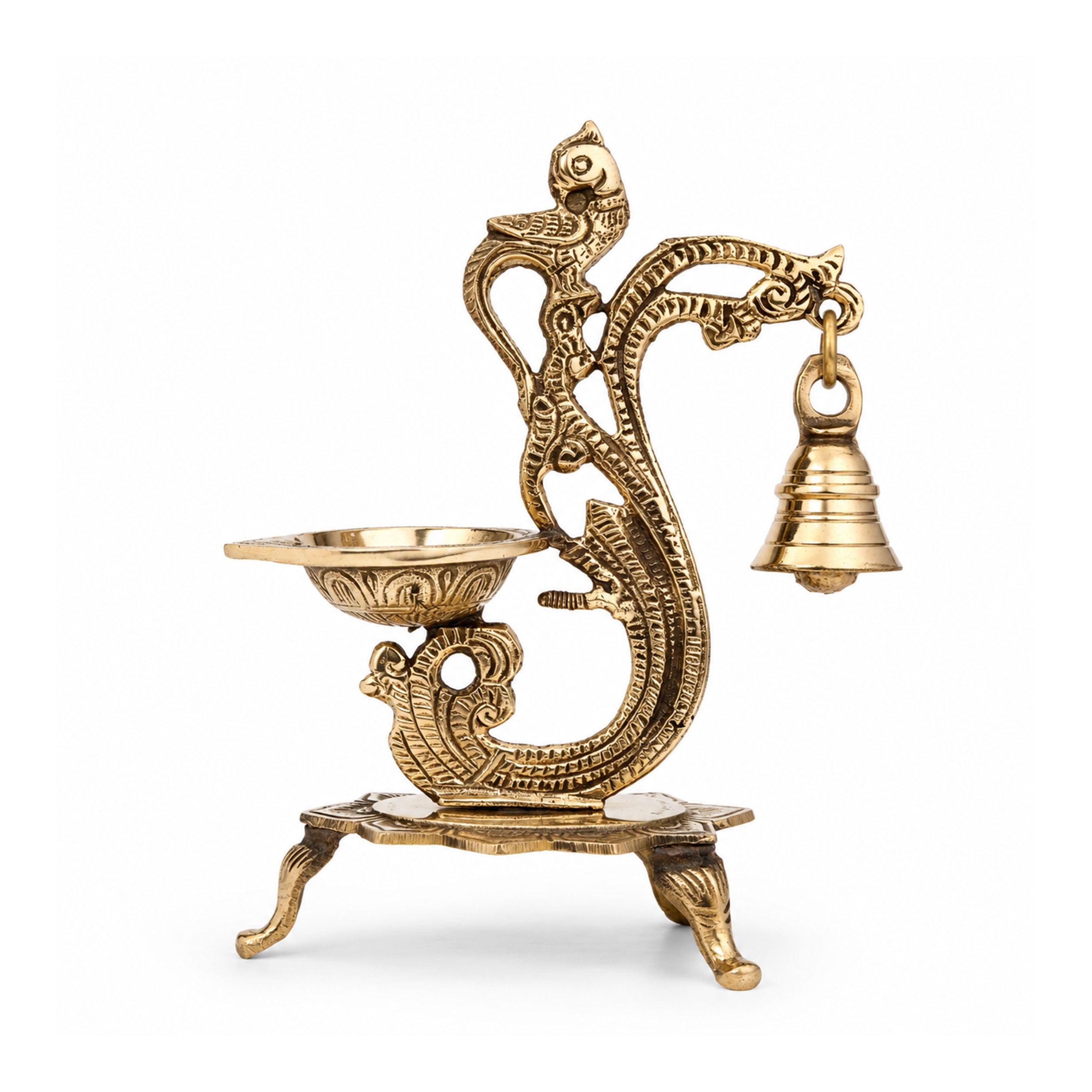 Antique Brass Peacock Diya with Hanging bell