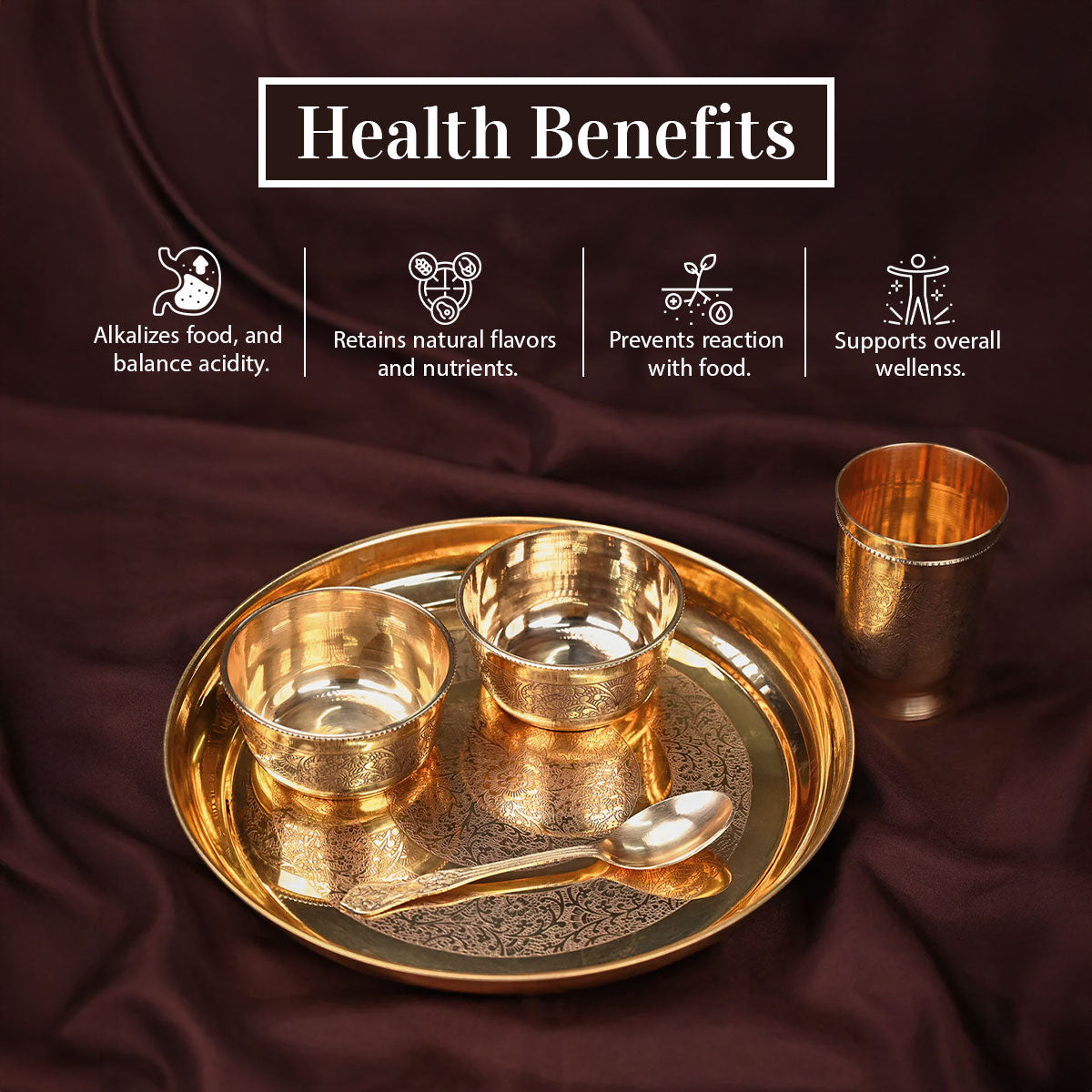 Brass Thaali Set | 5 Pieces Set | ( 1 Thaali, 2 Bowls, 1 Glass, 1 Spoon | Boost Immunity )