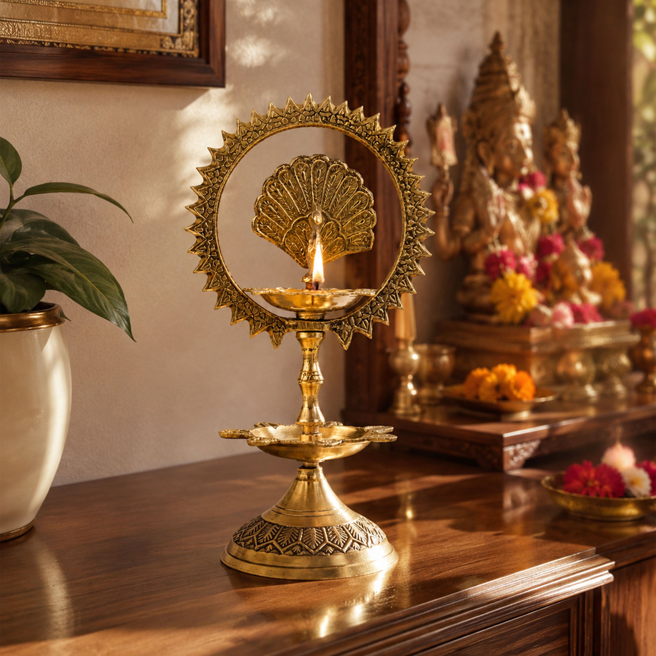 Handcrafted Pure Brass Peacock Two-Lamp Diya