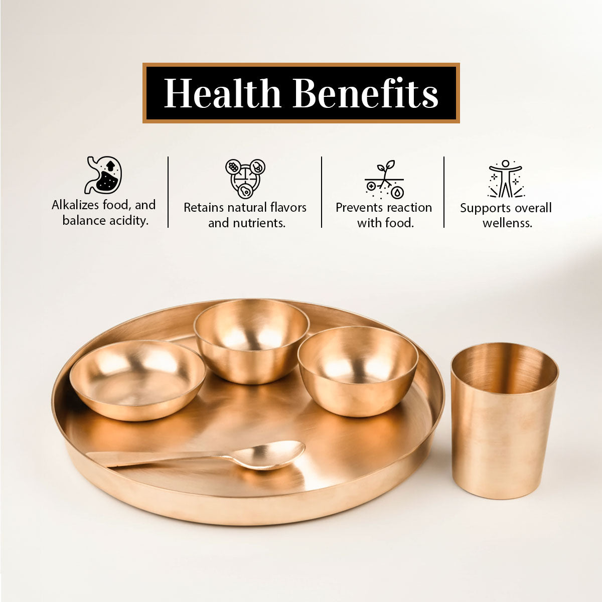 Kansa Thali Set | 6 Pieces Set | Mate 11 Inch Width 1 Thali, 2 Bowls, 1 Halwa bowl, 1 Glass, 1 Spoon | | Boost Immunity