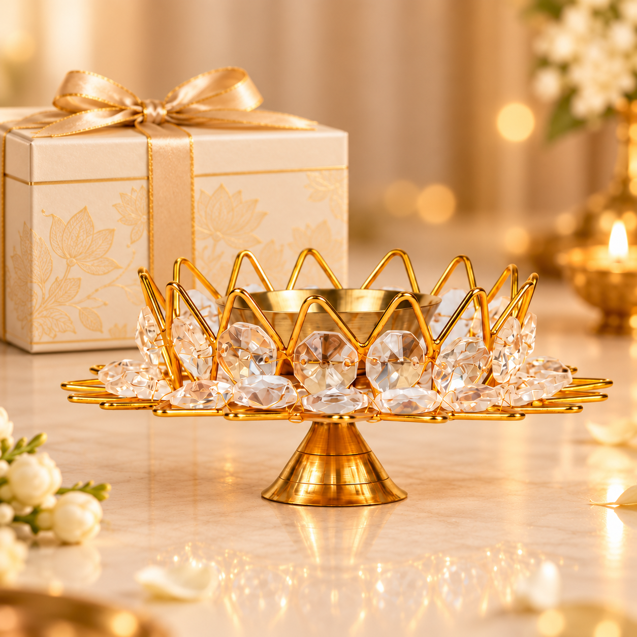 Brass Kamal Crystal Diya