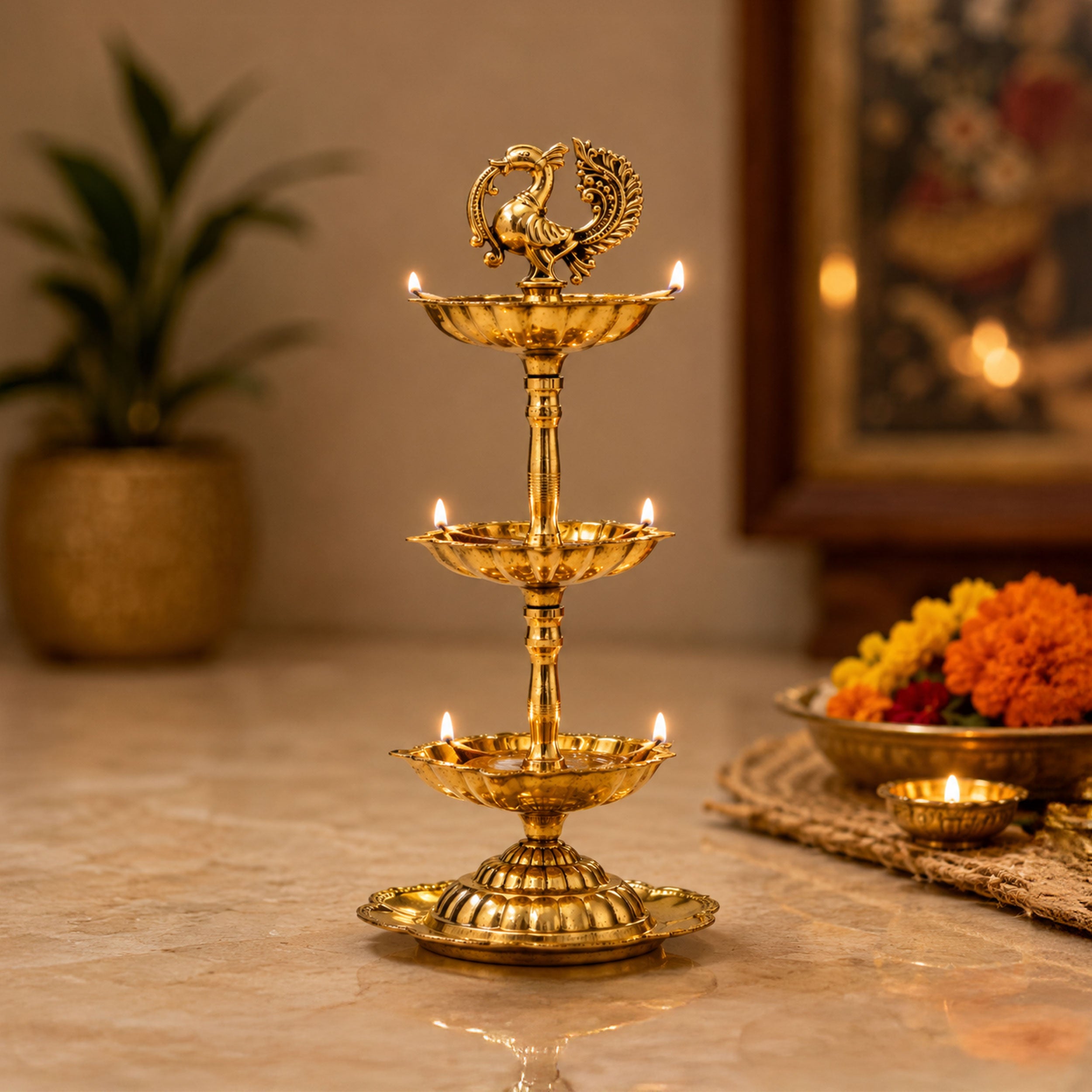 3-tier Brass Peacock Oil Lamp