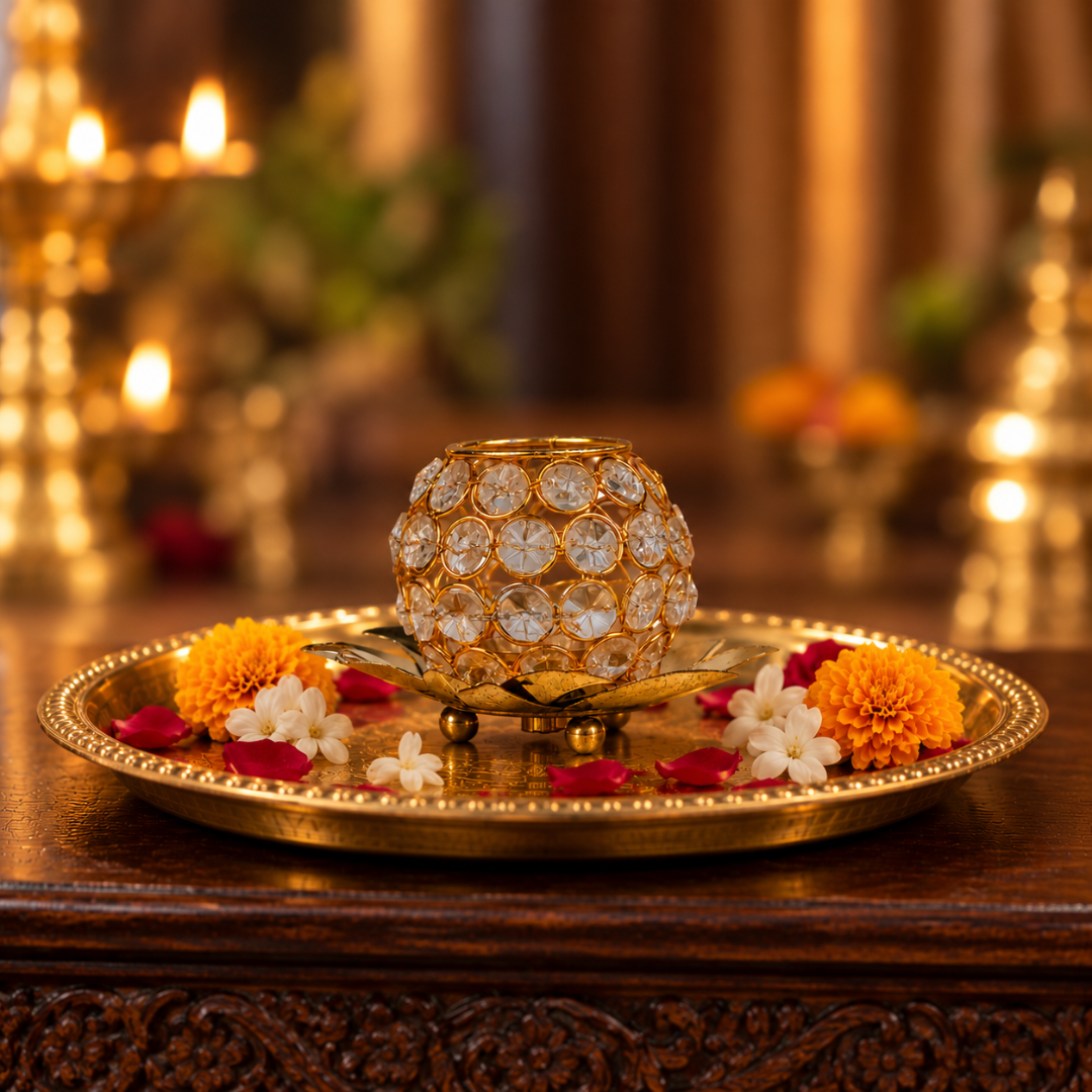 Brass Bowl Crystal Diya with Kamal Base