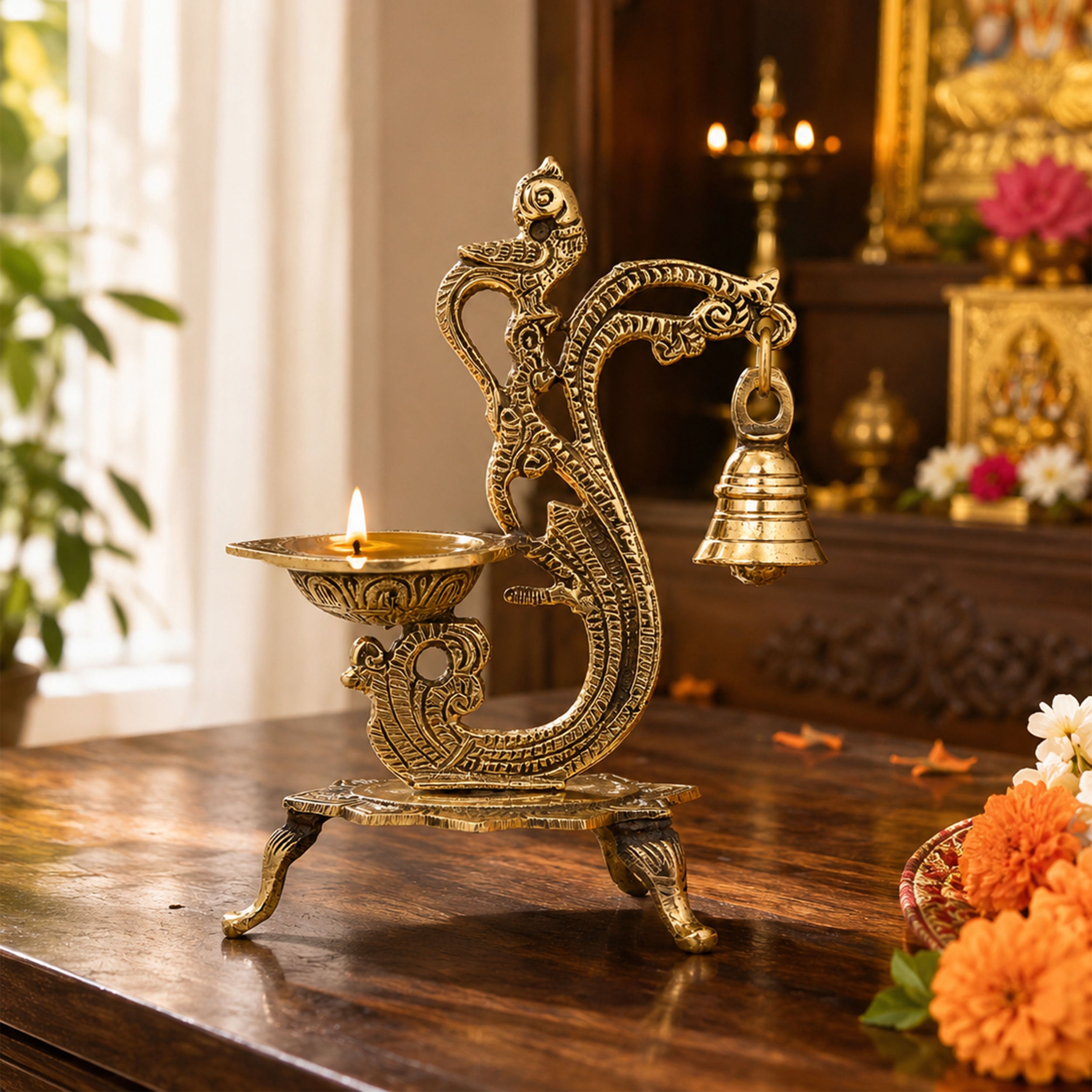 Antique Brass Peacock Diya with Hanging bell