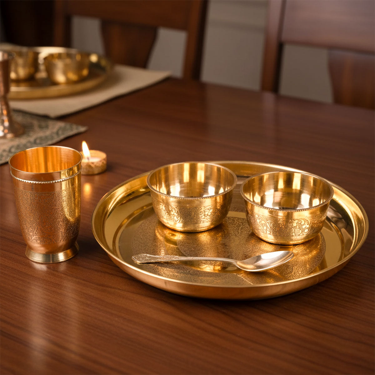 Brass Thaali Set | 5 Pieces Set | ( 1 Thaali, 2 Bowls, 1 Glass, 1 Spoon | Boost Immunity )
