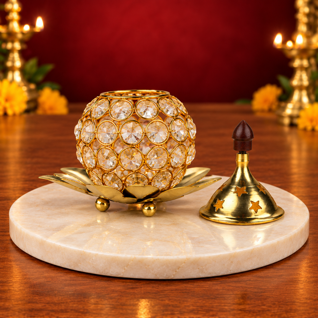 Brass Bowl Crystal Diya with Kamal Base