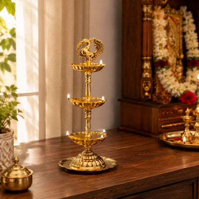 3-tier Brass Peacock Oil Lamp