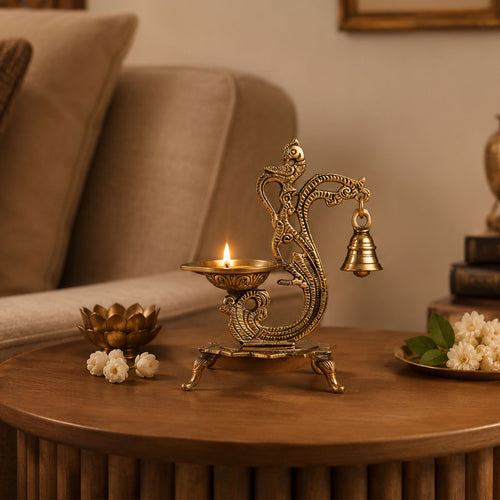 Antique Brass Peacock Diya with Hanging bell