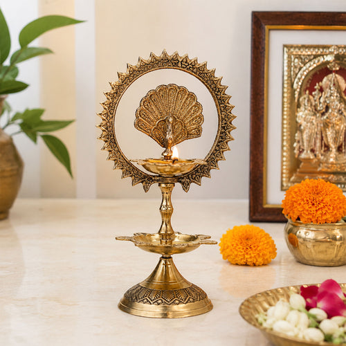 Handcrafted Pure Brass Peacock Two-Lamp Diya