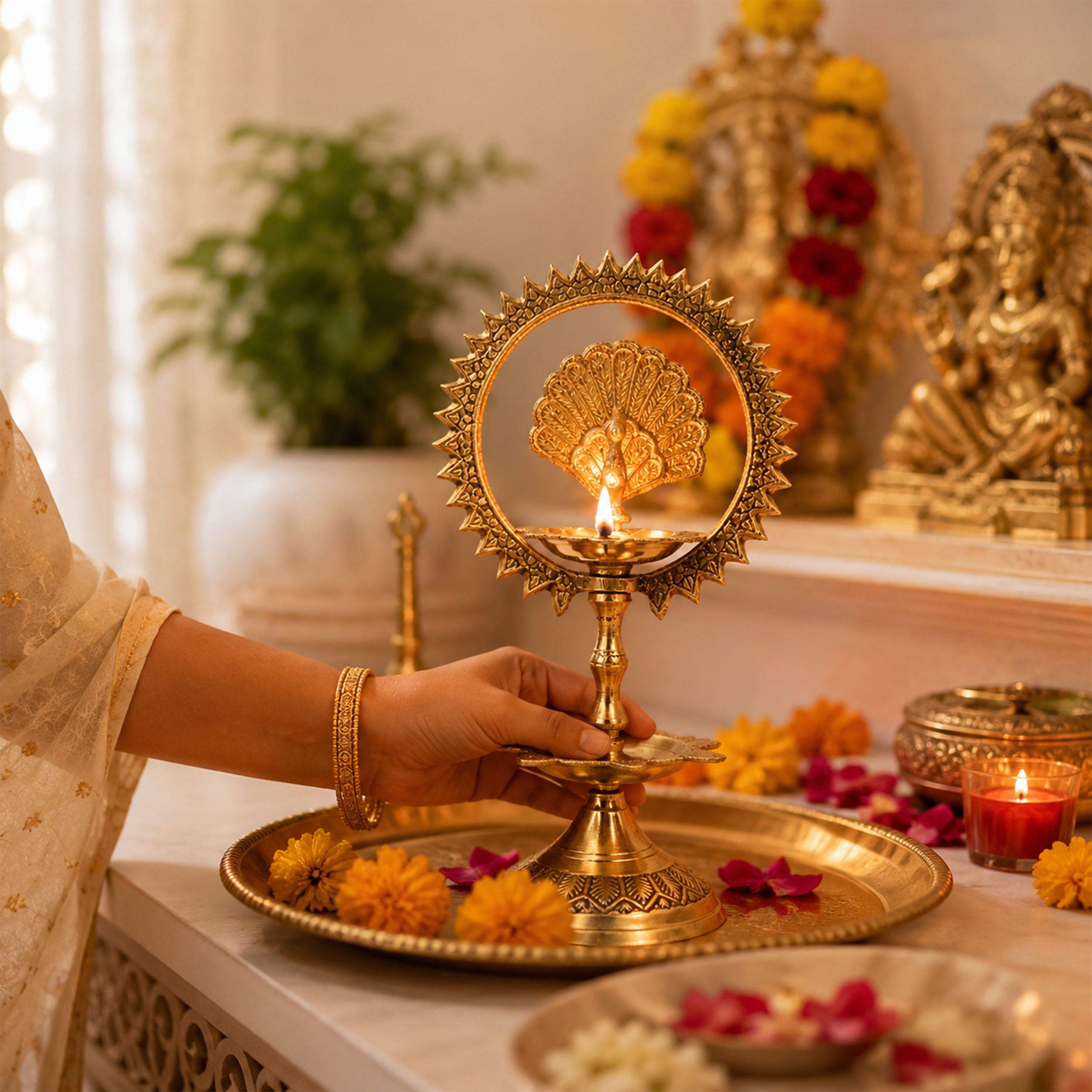 Handcrafted Pure Brass Peacock Two-Lamp Diya