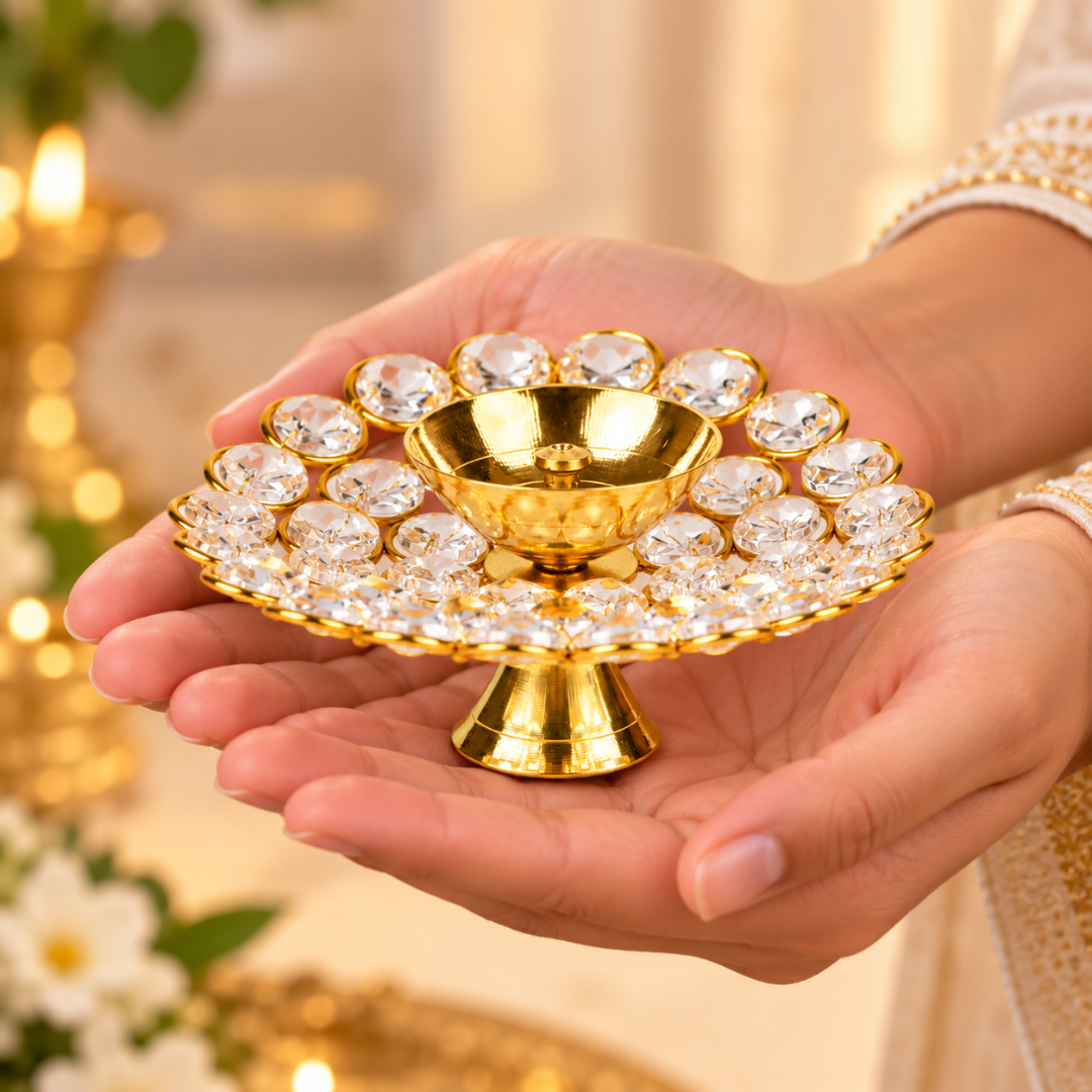 Brass Round Crystal Diya