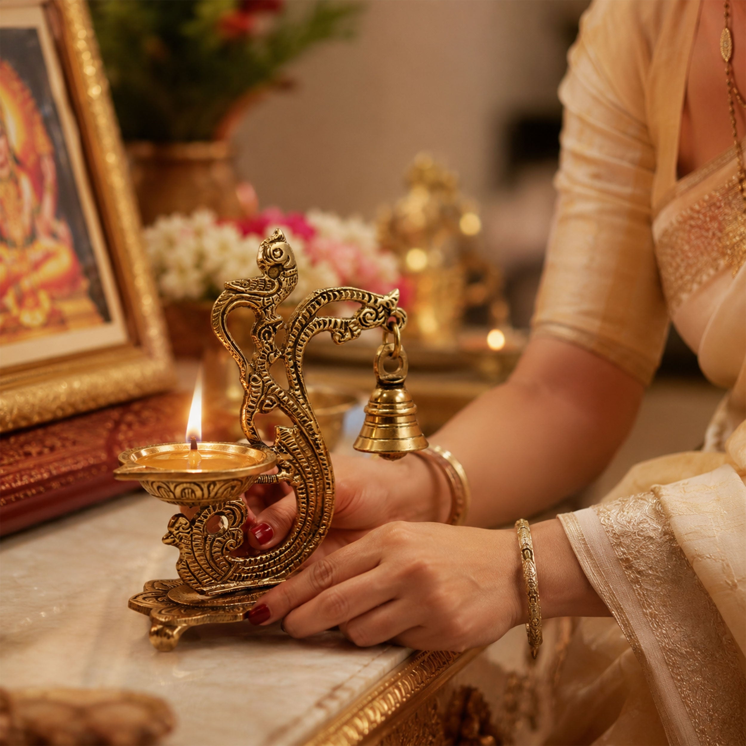 Antique Brass Peacock Diya with Hanging bell