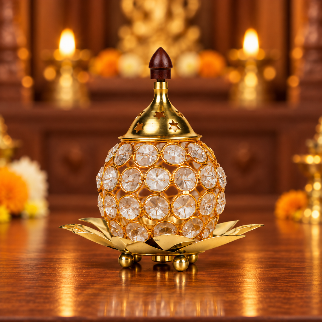 Brass Bowl Crystal Diya with Kamal Base
