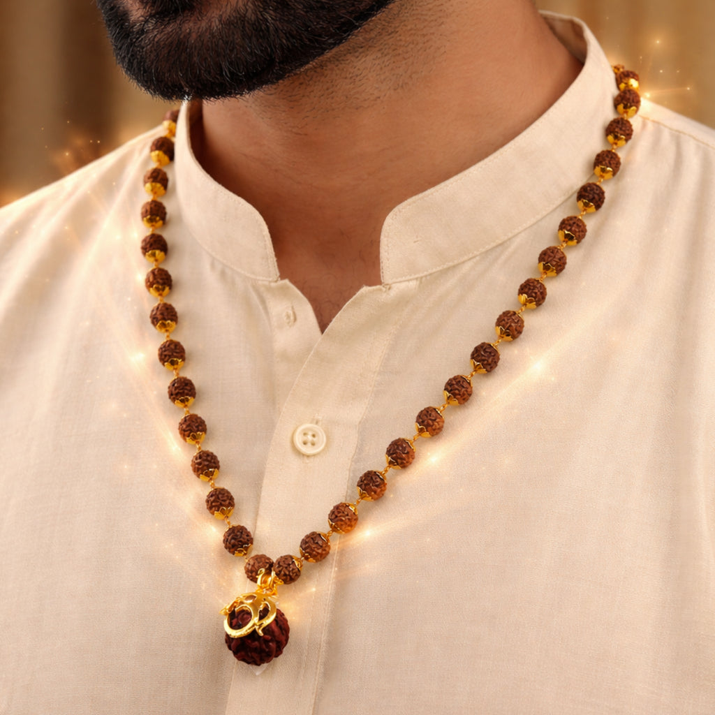 Divine Rudraksha Golden Cap Mala – Single Bead Spiritual Necklace