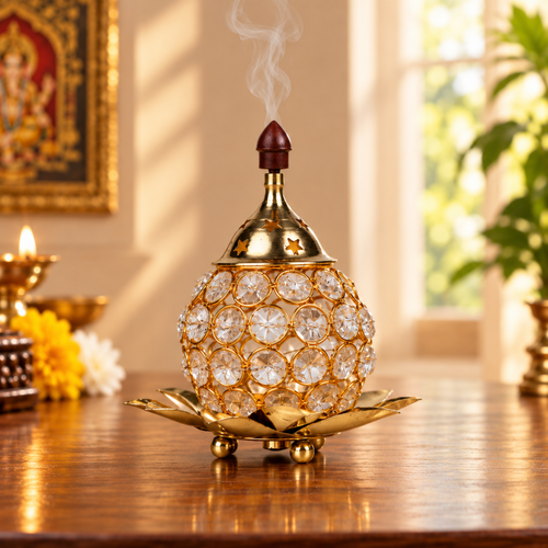 Brass Bowl Crystal Diya with Kamal Base