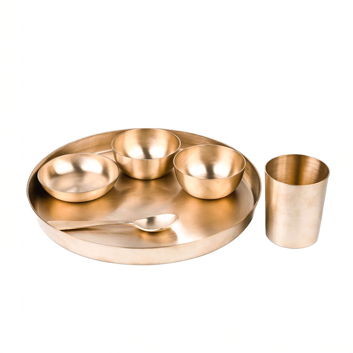 Kansa Thali Set | 6 Pieces Set | Mate 11 Inch Width 1 Thali, 2 Bowls, 1 Halwa bowl, 1 Glass, 1 Spoon | | Boost Immunity