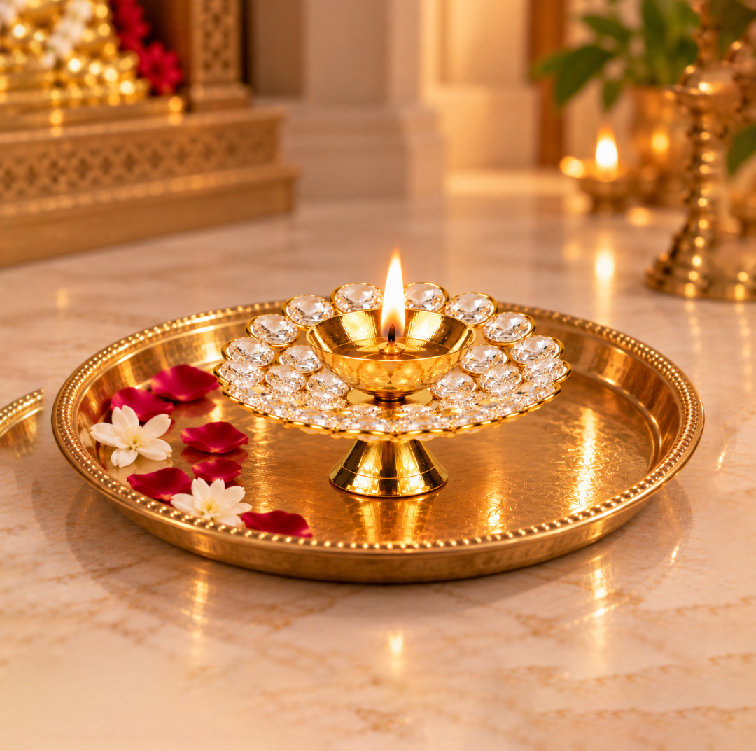 Brass Round Crystal Diya