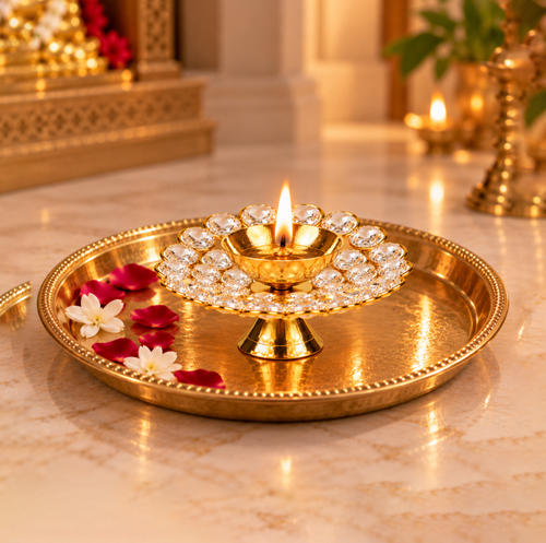 Brass Round Crystal Diya