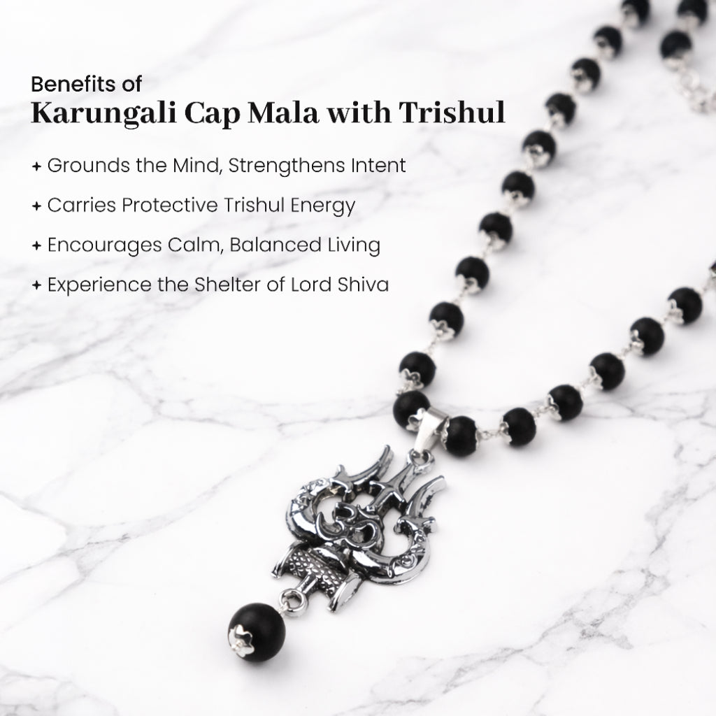 Mahadev Trishul Karungali Cap Mala – Divine Protection Necklace (Small Bead)
