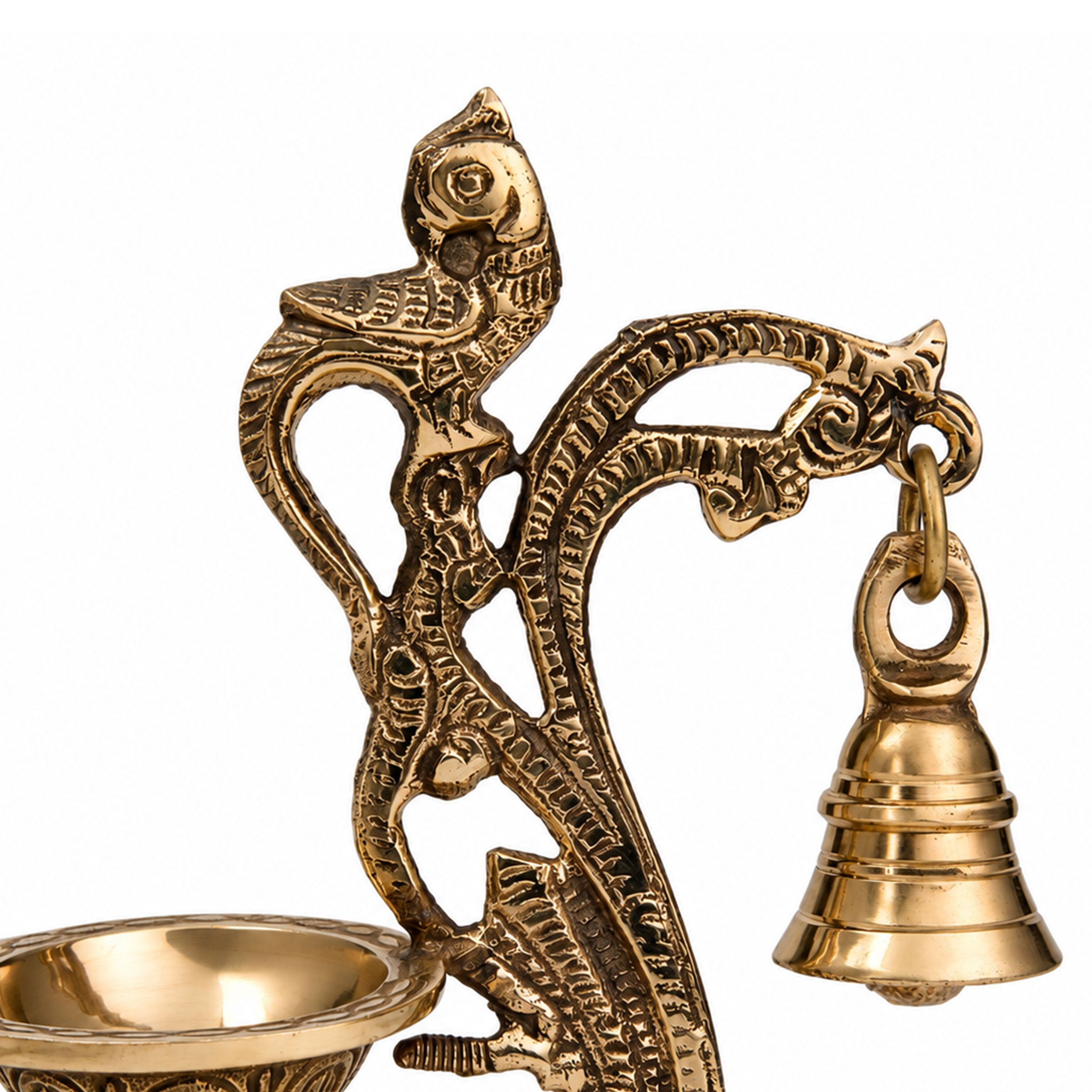 Antique Brass Peacock Diya with Hanging bell