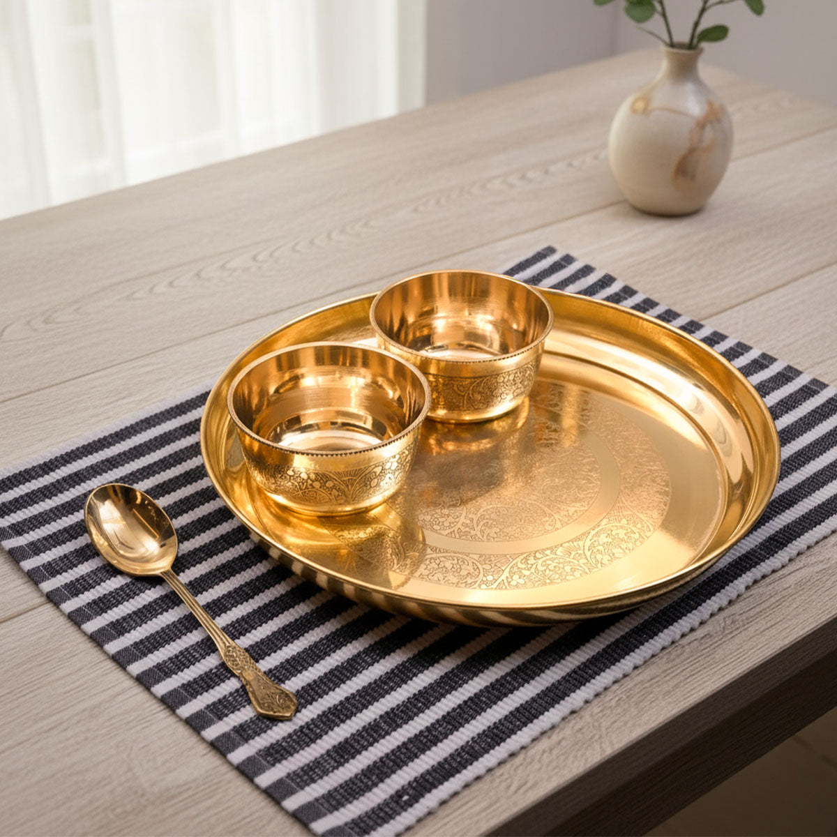 Brass Thaali Set | 5 Pieces Set | ( 1 Thaali, 2 Bowls, 1 Glass, 1 Spoon | Boost Immunity )