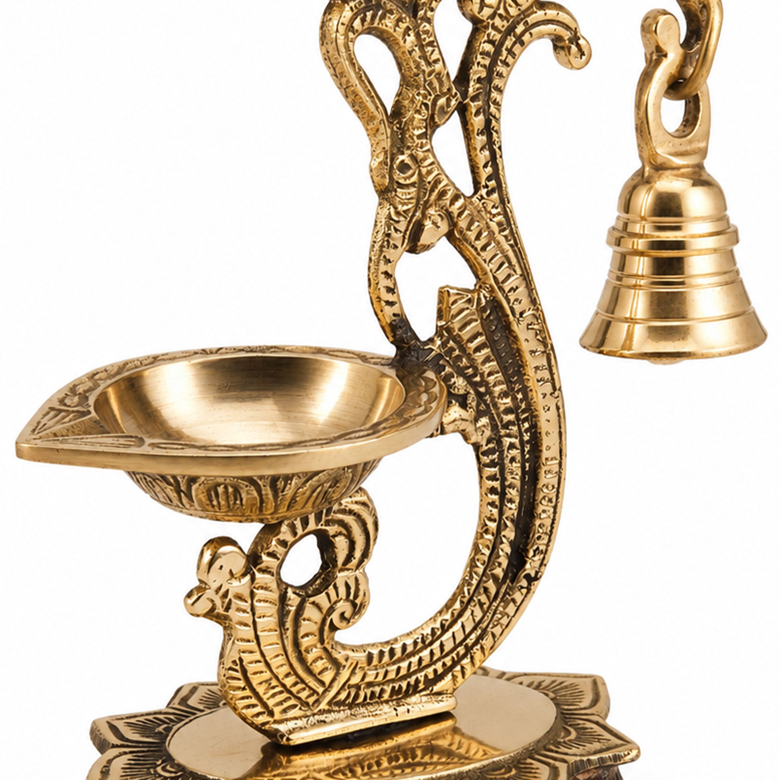 Antique Brass Peacock Diya with Hanging bell