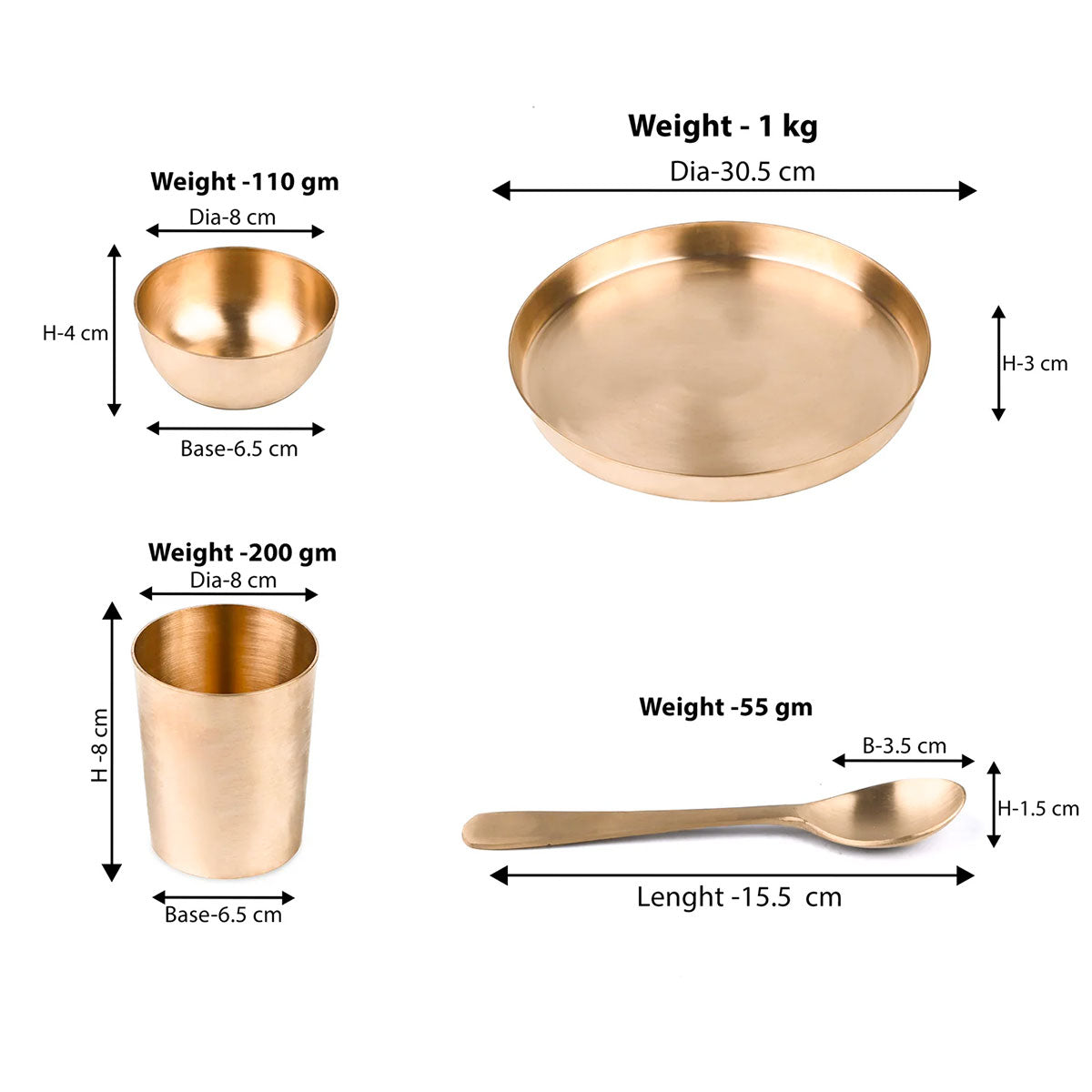 Kansa Thali Set | 6 Pieces Set | Mate 11 Inch Width 1 Thali, 2 Bowls, 1 Halwa bowl, 1 Glass, 1 Spoon | | Boost Immunity