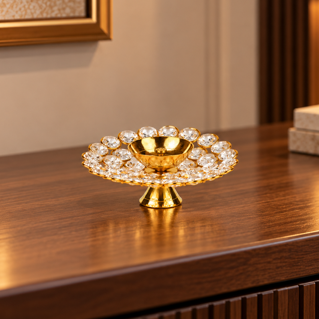Brass Round Crystal Diya