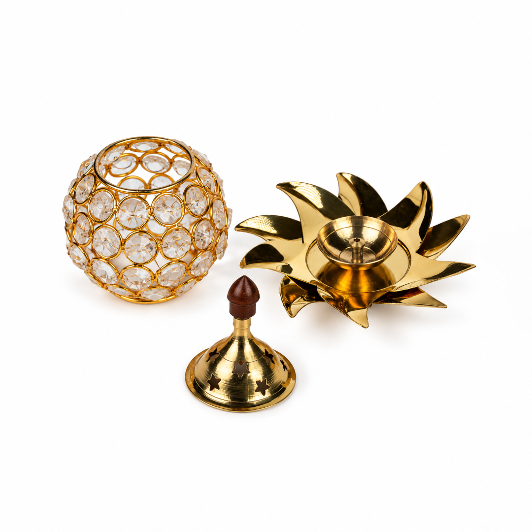 Brass Bowl Crystal Diya with Kamal Base