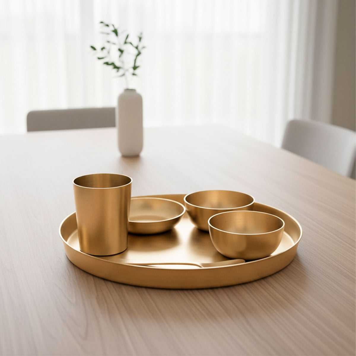 Kansa Thali Set | 6 Pieces Set | Mate 11 Inch Width 1 Thali, 2 Bowls, 1 Halwa bowl, 1 Glass, 1 Spoon | | Boost Immunity