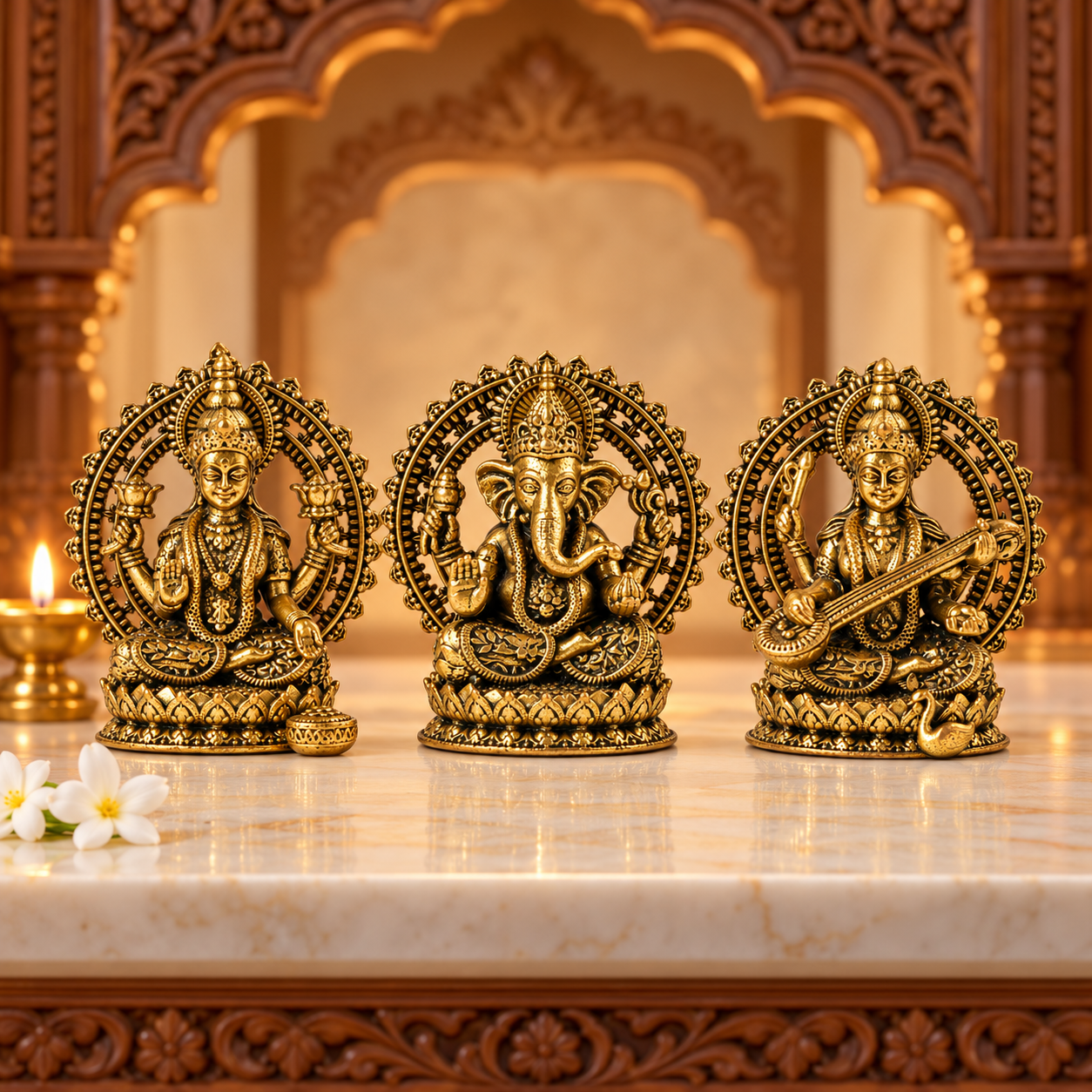 Brass Lakshmi Ganesh Saraswati Murti Set
