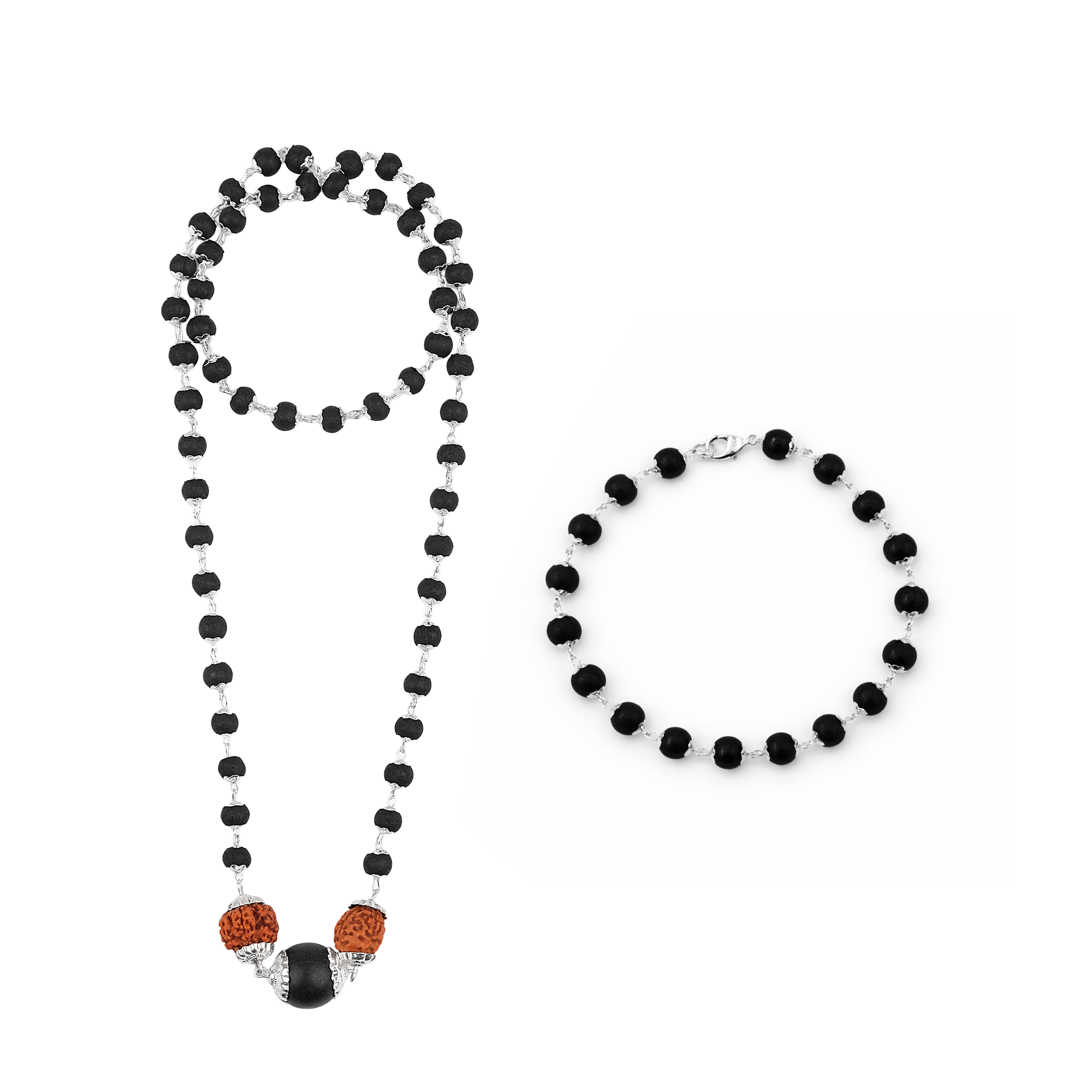 Karungali Cap Mala with Two 5-Face Rudraksha Beads & 1 Karungali Bead & Karungali Cap Bracelet Combo