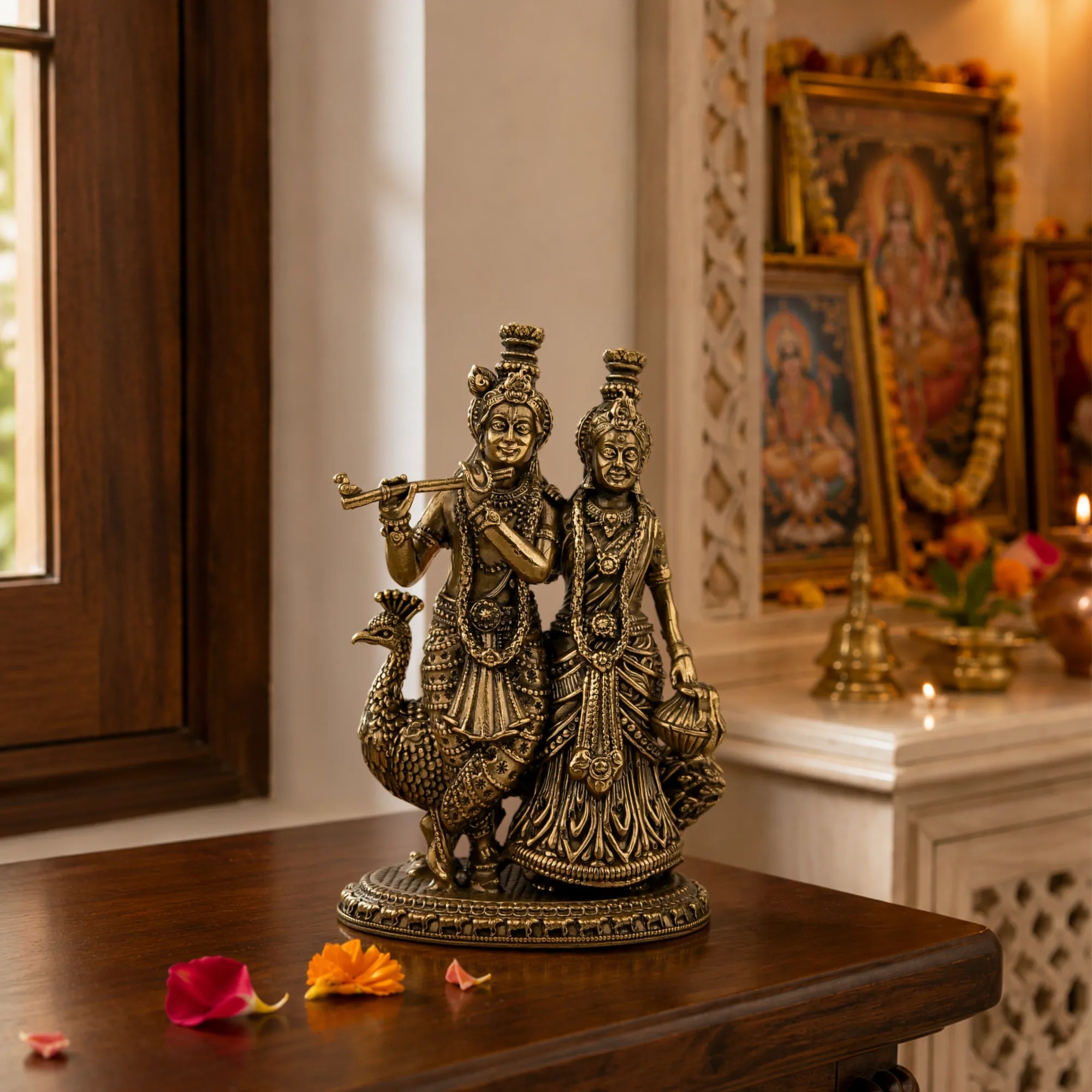 Brass Mayur Sang Radha Krishna Idol
