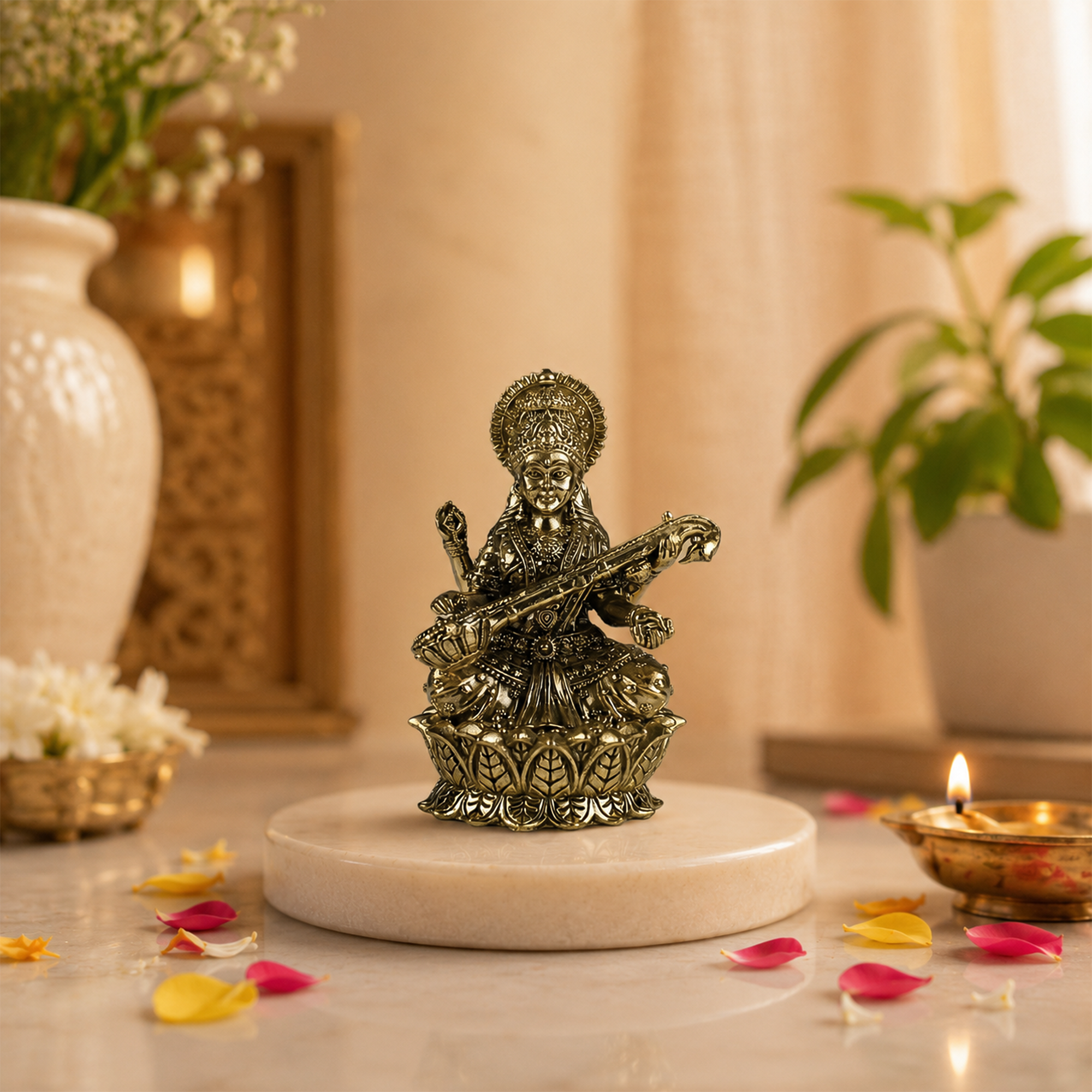 Maa Saraswati Lotus Brass Idol