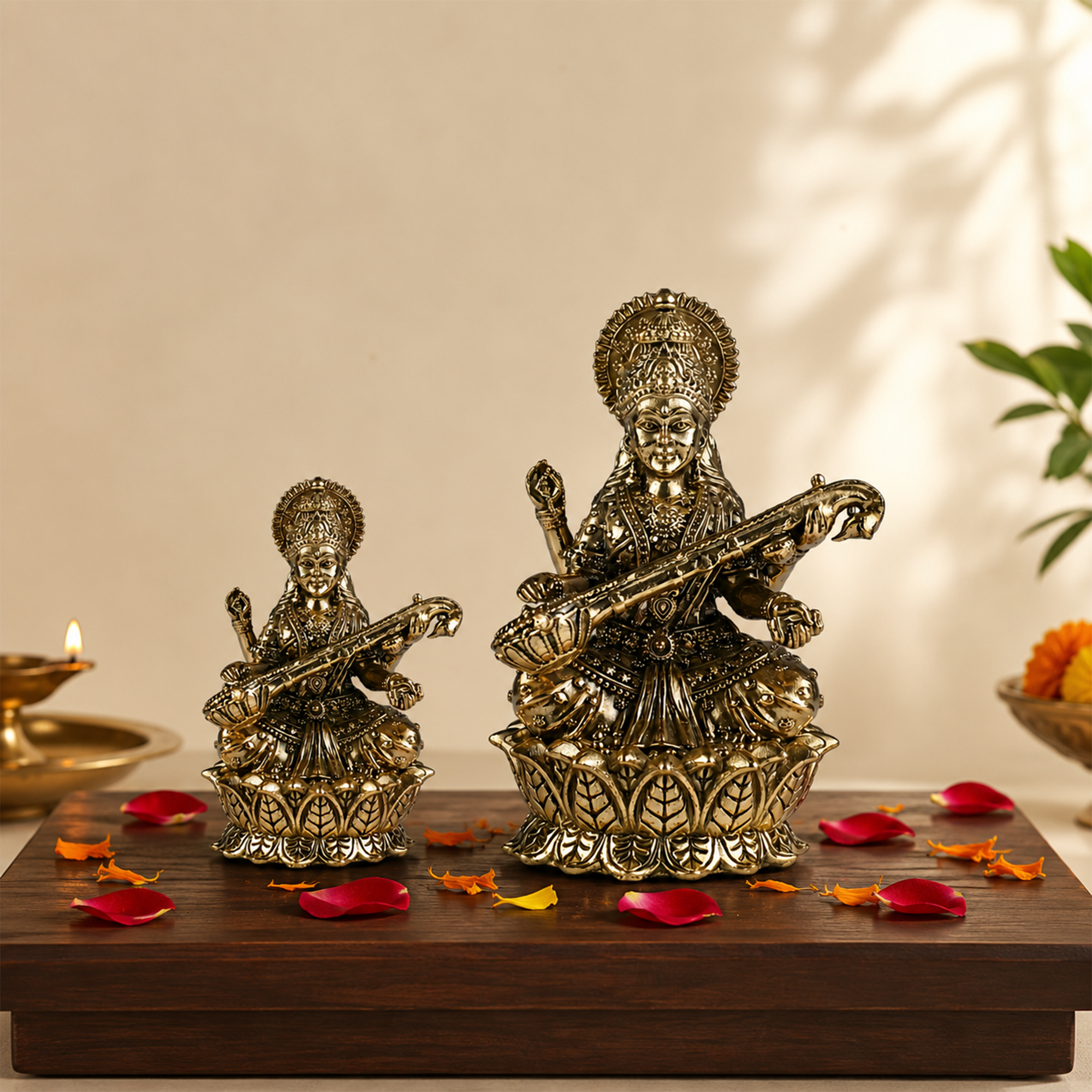 Maa Saraswati Lotus Brass Idol