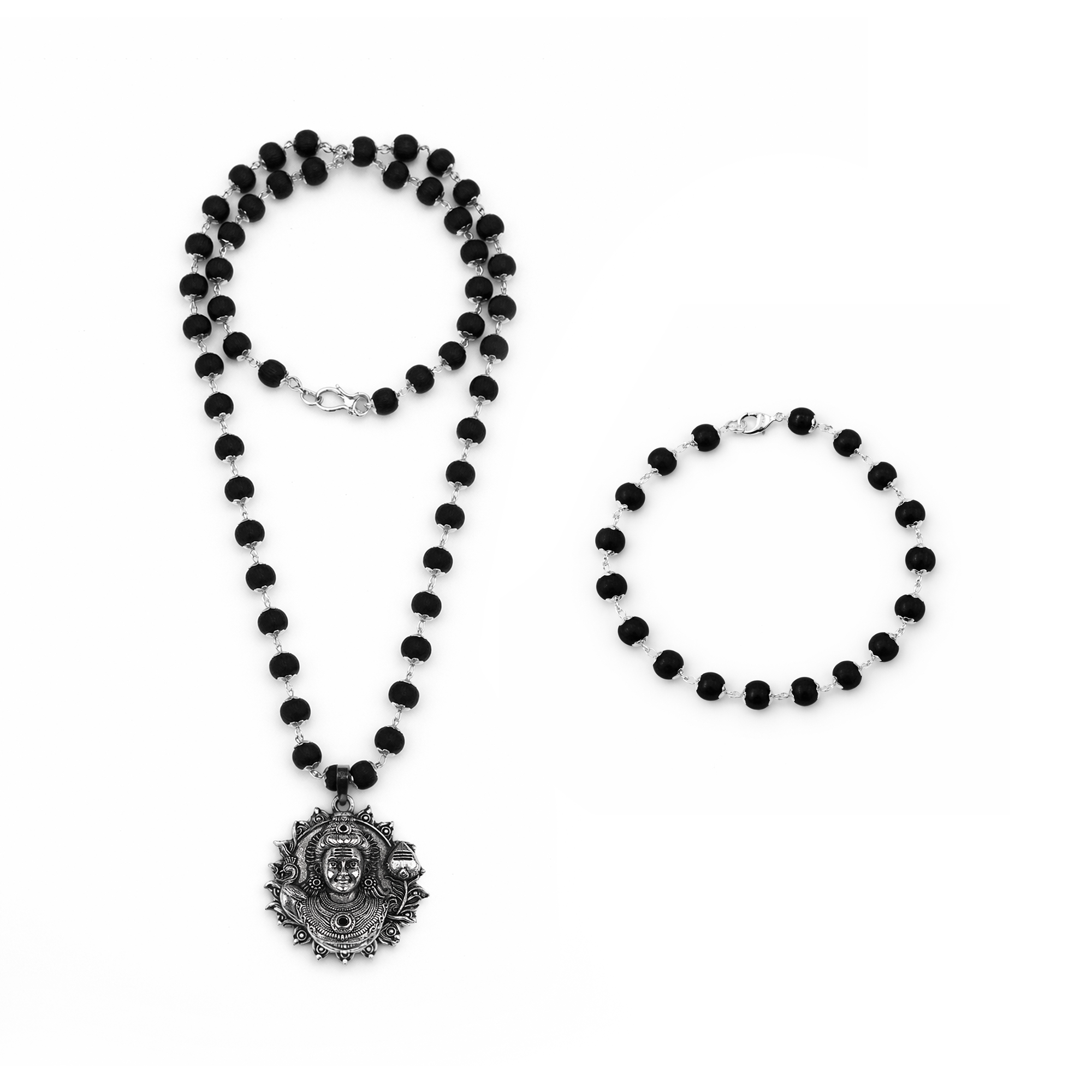 Karungali Cap Mala with Kartike Ji Locket & Karungali Cap Bracelet Combo