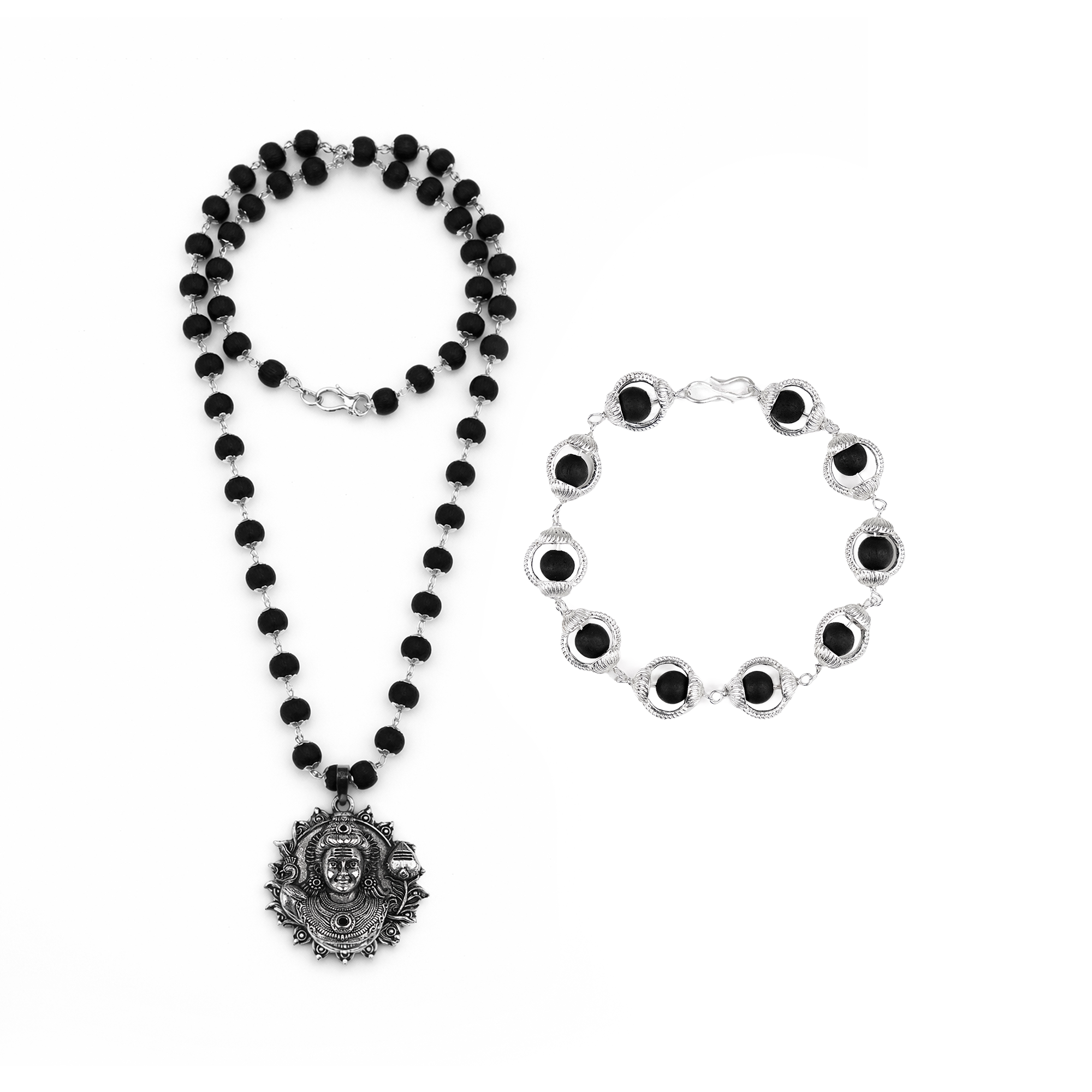 Karungali Cap Mala with Kartike Ji Locket & Karungali Malai Bracelet Combo