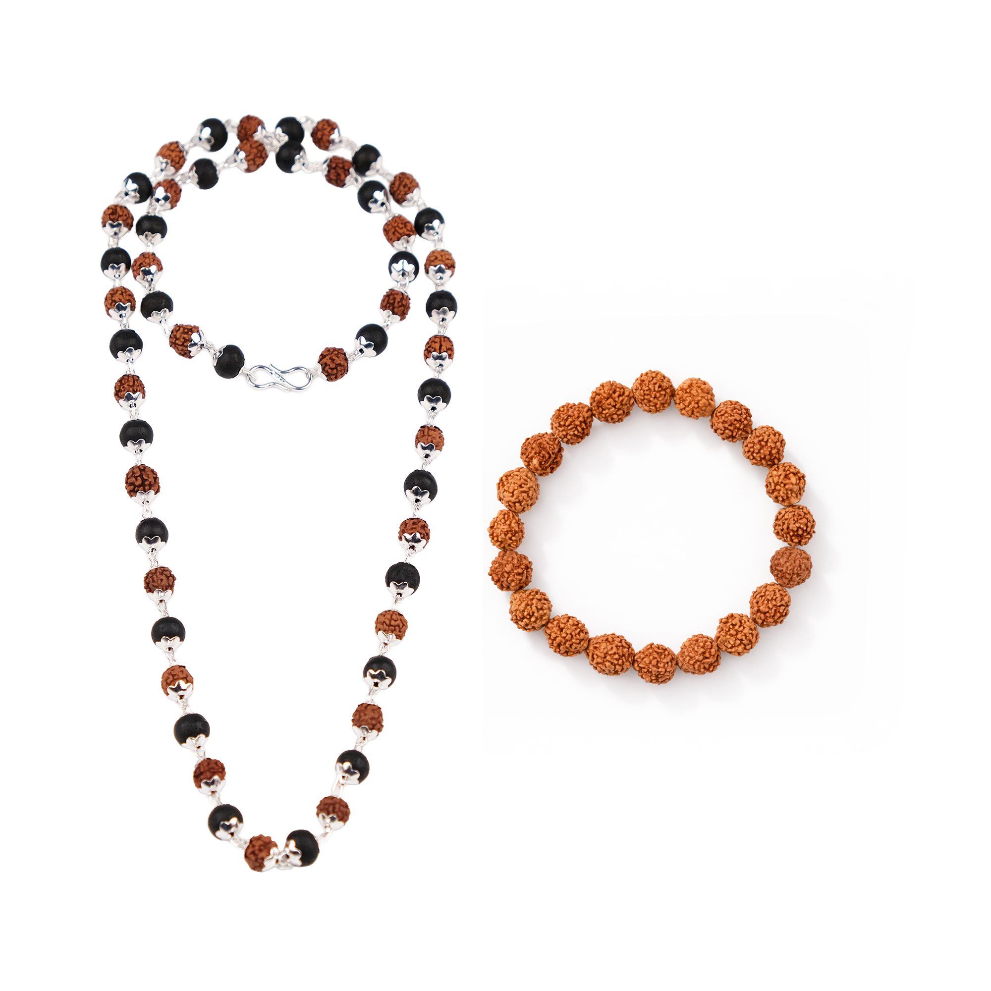 Shiv Shakti Karungali & Rudraksha Cap Mala and 5 Mukhi Rudraksha Bracelet Combo