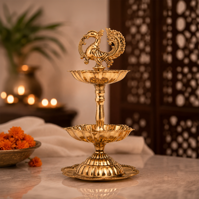 2-tier Brass Peacock Oil Lamp