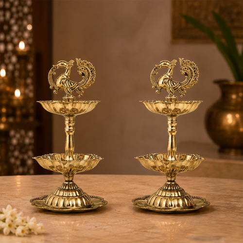 2-tier Brass Peacock Oil Lamp- Duo Set