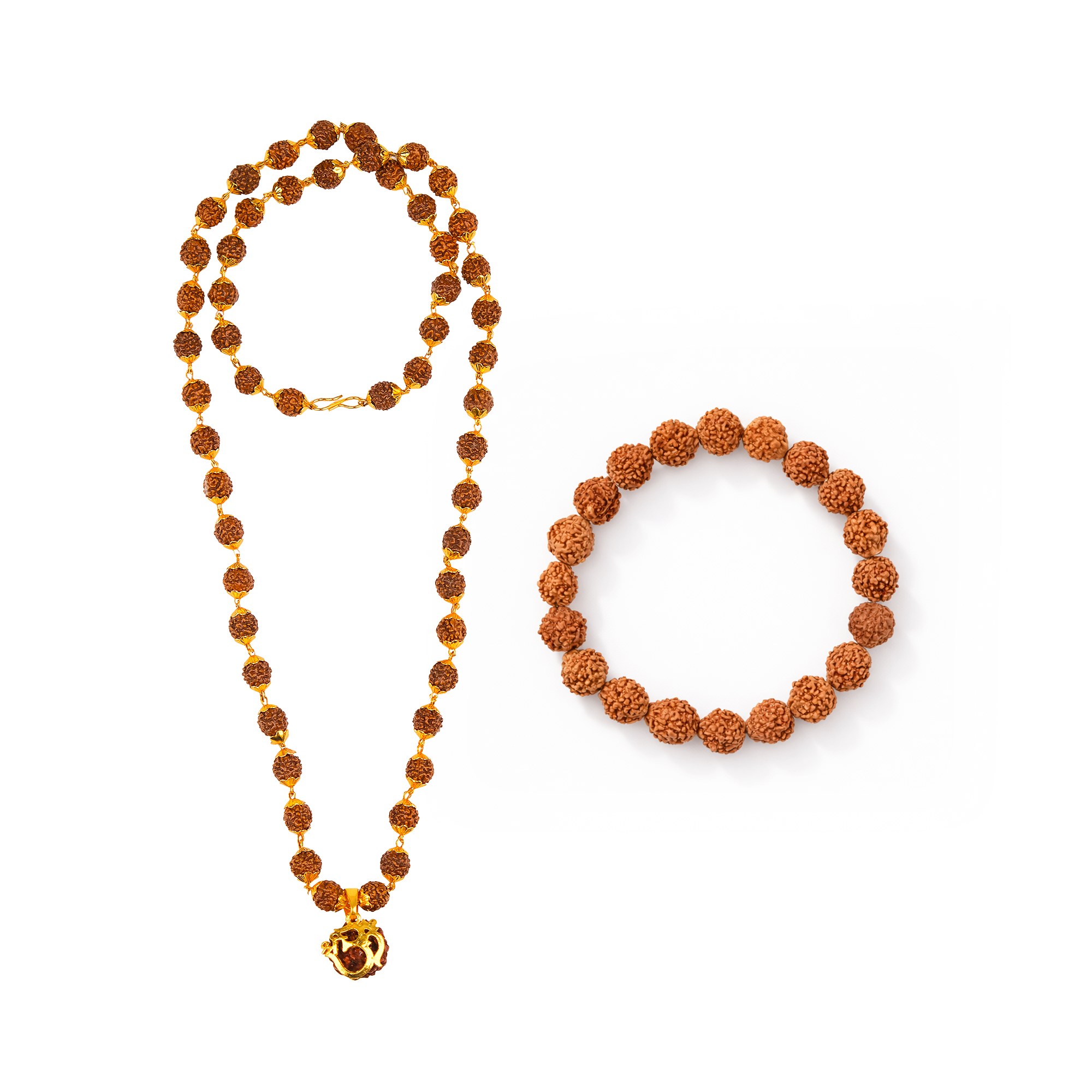 Rudraksha Golden Cap Mala with Single Rudraksha Bead & 5 Mukhi Rudraksha Bracelet Combo