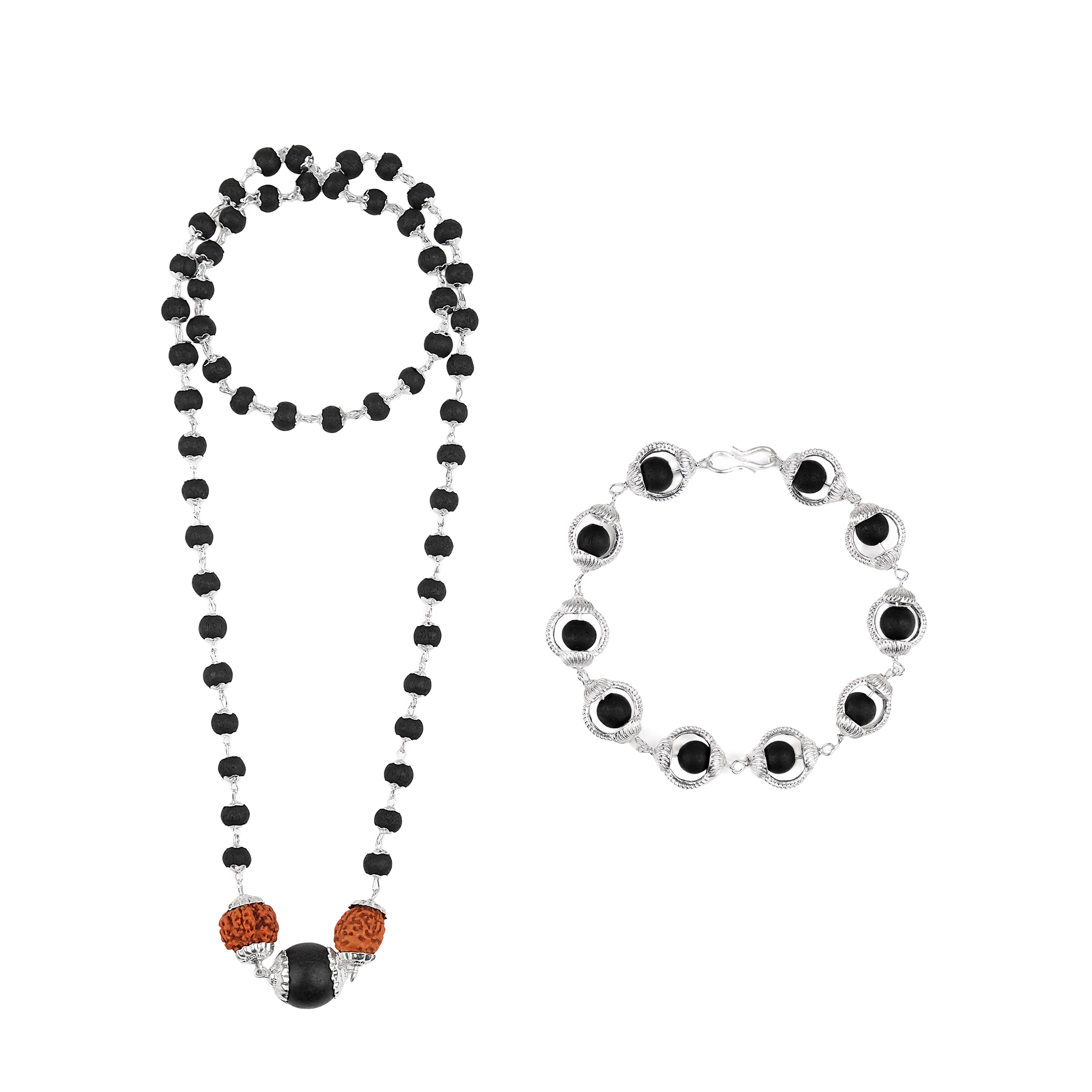 Karungali Cap Mala with Two 5-Face Rudraksha Beads & 1 Karungali Bead & Karungali Malai Bracelet Combo