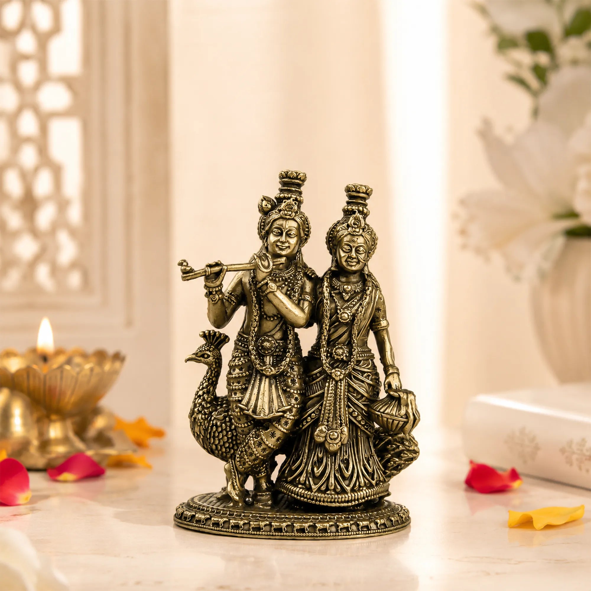 Brass Mayur Sang Radha Krishna Idol