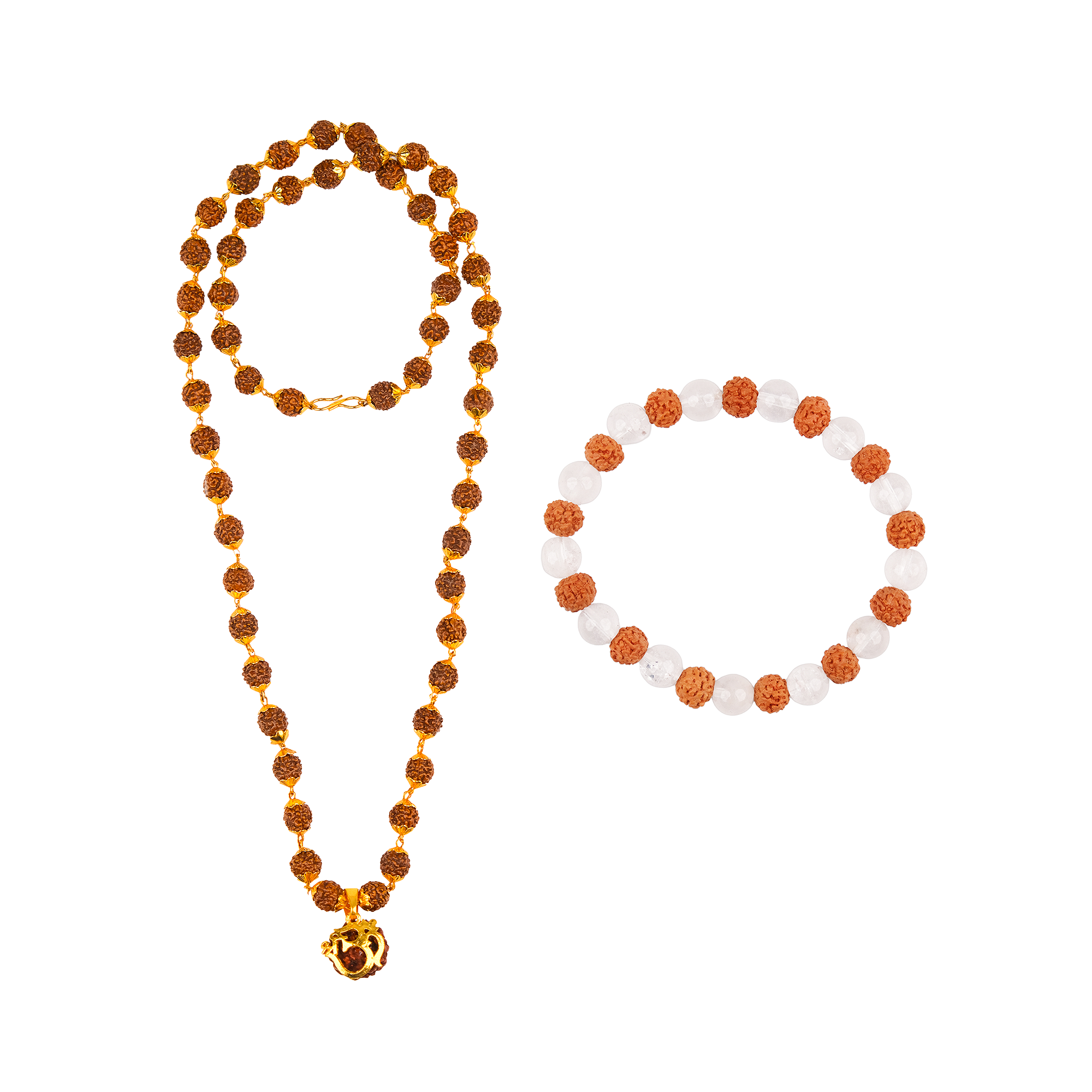 Rudraksha Golden Cap Mala with Single Rudraksha Bead & Rudraksha-Sphatik Bracelet Combo