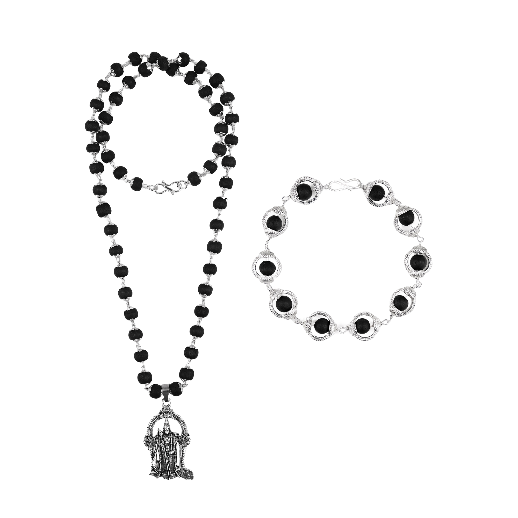 Karungali Cap Mala with Murugan Swami Locket & Karungali Malai Bracelet Combo