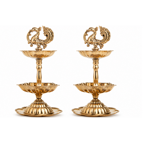 2-tier Brass Peacock Oil Lamp- Duo Set