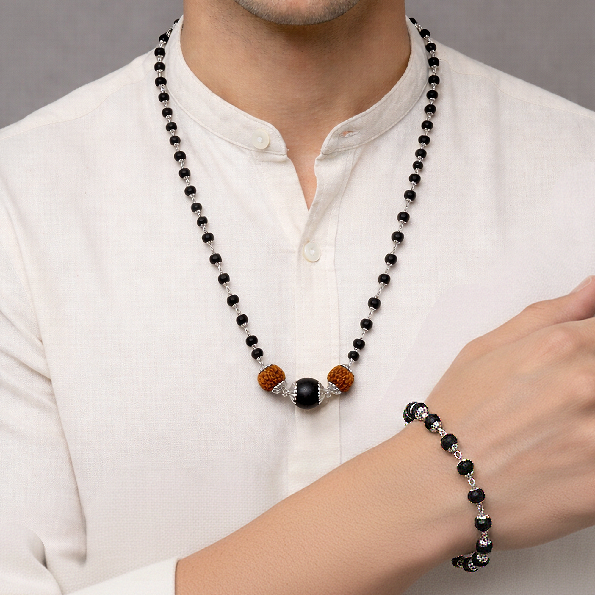 Karungali Cap Mala with Two 5-Face Rudraksha Beads & 1 Karungali Bead & Karungali Cap Bracelet Combo